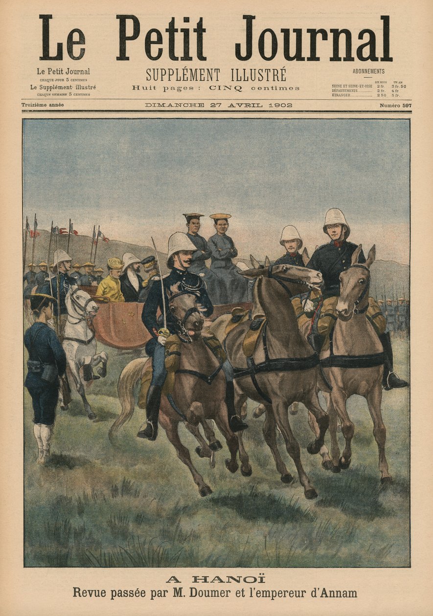 Revisão militar por Paul Doumer, Governador Geral da Indochina Francesa, e Imperador de Annam, Thanh Thai, em Hanói, ilustração da capa do Le Petit Journal, Suplemento Ilustre, 27 de abril de 1902 ( de French School