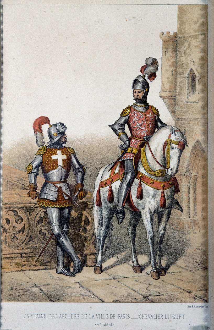 Fardamento militar: capitão dos arqueiros da cidade de Paris e cavaleiro da guarda no século XV. Litografia do séc. XIX de French School