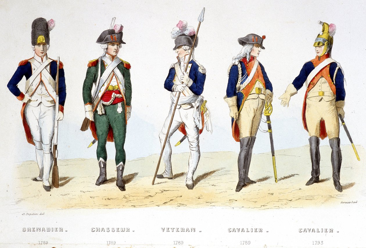 Uniforme militar sob a revolução 1789: granadeiro (1789), caçador (1789), veterano (1789), cavaleiro (1789), cavaleiro (1793) - em "Fasttes de Gardes nationales de France". de French School