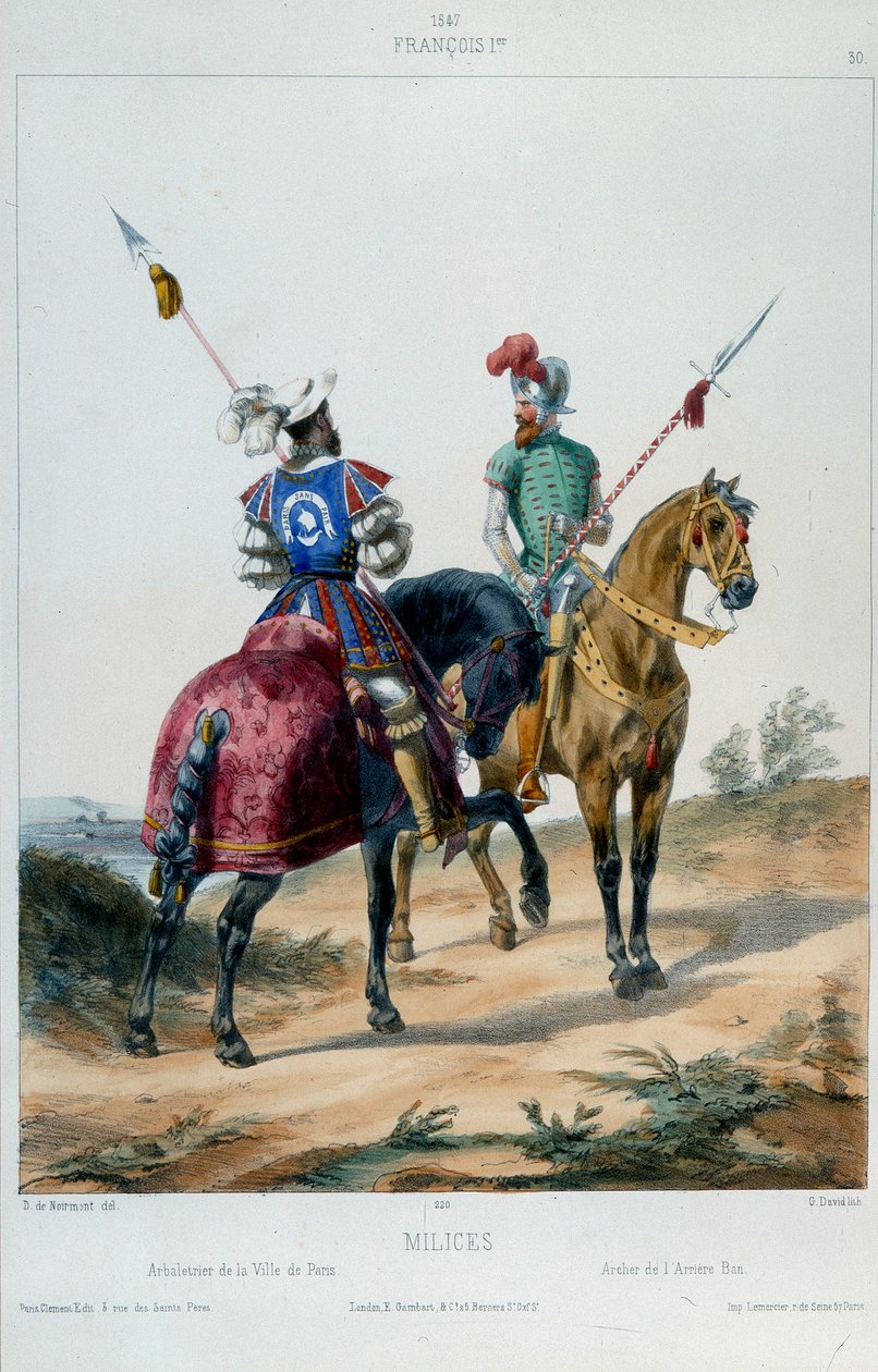 Uniformes militares: milícias sob François I, besta da cidade de Paris e arqueiro da proibição da retaguarda em 1547. Litografia do século XIX. de French School