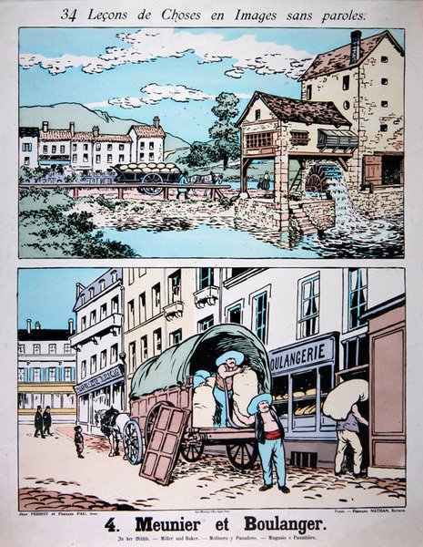 Miller e Baker, ilustração de um livro de escola primária, c.1900 (lito colorido) de French School
