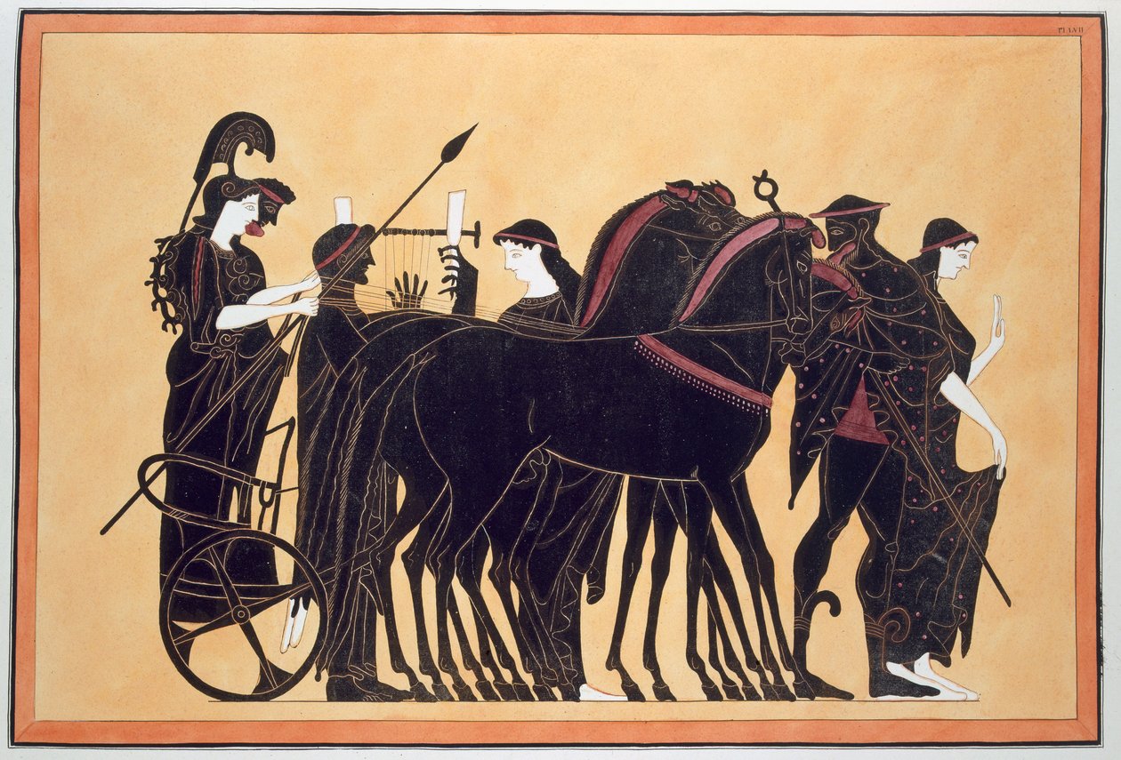 Minerva em uma carruagem de guerra com atendentes, publicada em 1808-10 de French School