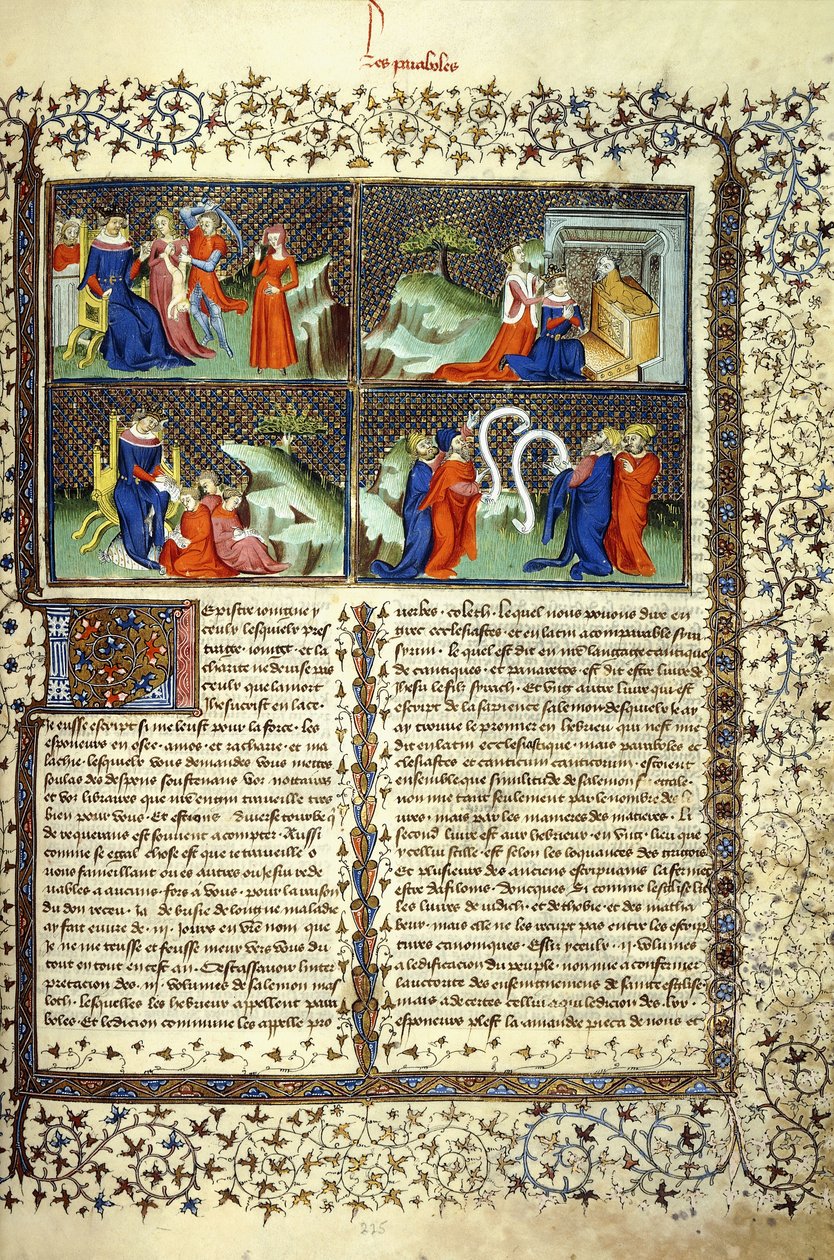 Miniatura ilustrando o Julgamento das Mães, a Chegada da Rainha de Sabá, os Ensinamentos de Salomão e a Disputa dos Médicos, c.1410 de French School
