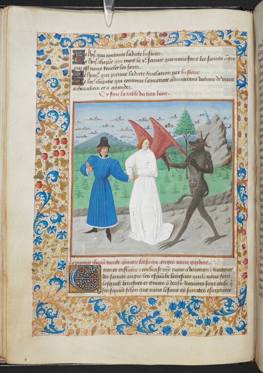 Miniatura de um homem com um anjo da guarda e um diabo Sloane MS 3049 f. 27, c. 1480 (vellum) de French School