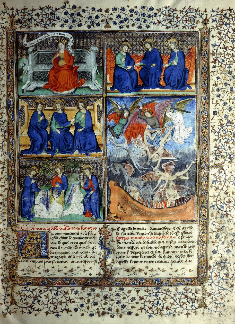 Miniatura que representa o Reino dos Céus antes da criação: Sapientia, a Trindade e a Expulsão de Lúcifer do Céu, c.1410 de French School