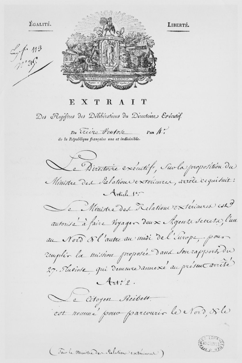Ministério dos Negócios Estrangeiros, nomeação de dois agentes secretos, 1796 (tinta no papel) de French School
