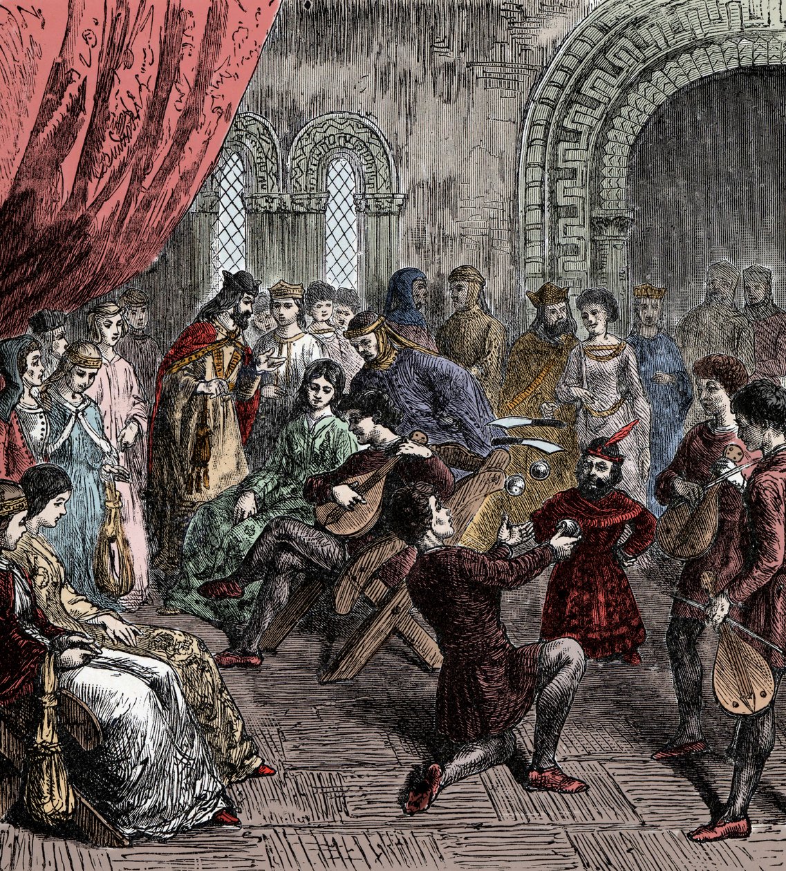 Minstrels and Jugglers at Court (gravura colorida à mão) de French School