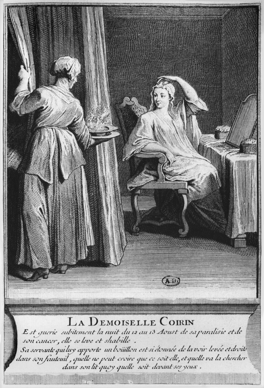 Cura milagrosa da paralisia e do câncer de Demoiselle Coirin, no túmulo do diácono François de Paris, no cemitério paroquial de Saint-Medard, em Paris, ilustração de La verité des miracles de M de French School