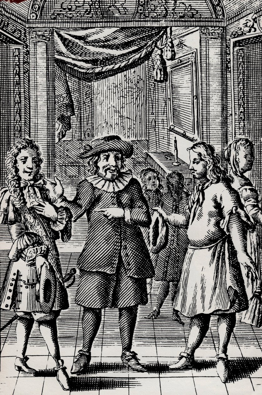 Miser, gravura da obra de Moliere, pseudônimo de Jean-Baptiste Poquelin (1622-1673) - Cena de la peça de Moliere L