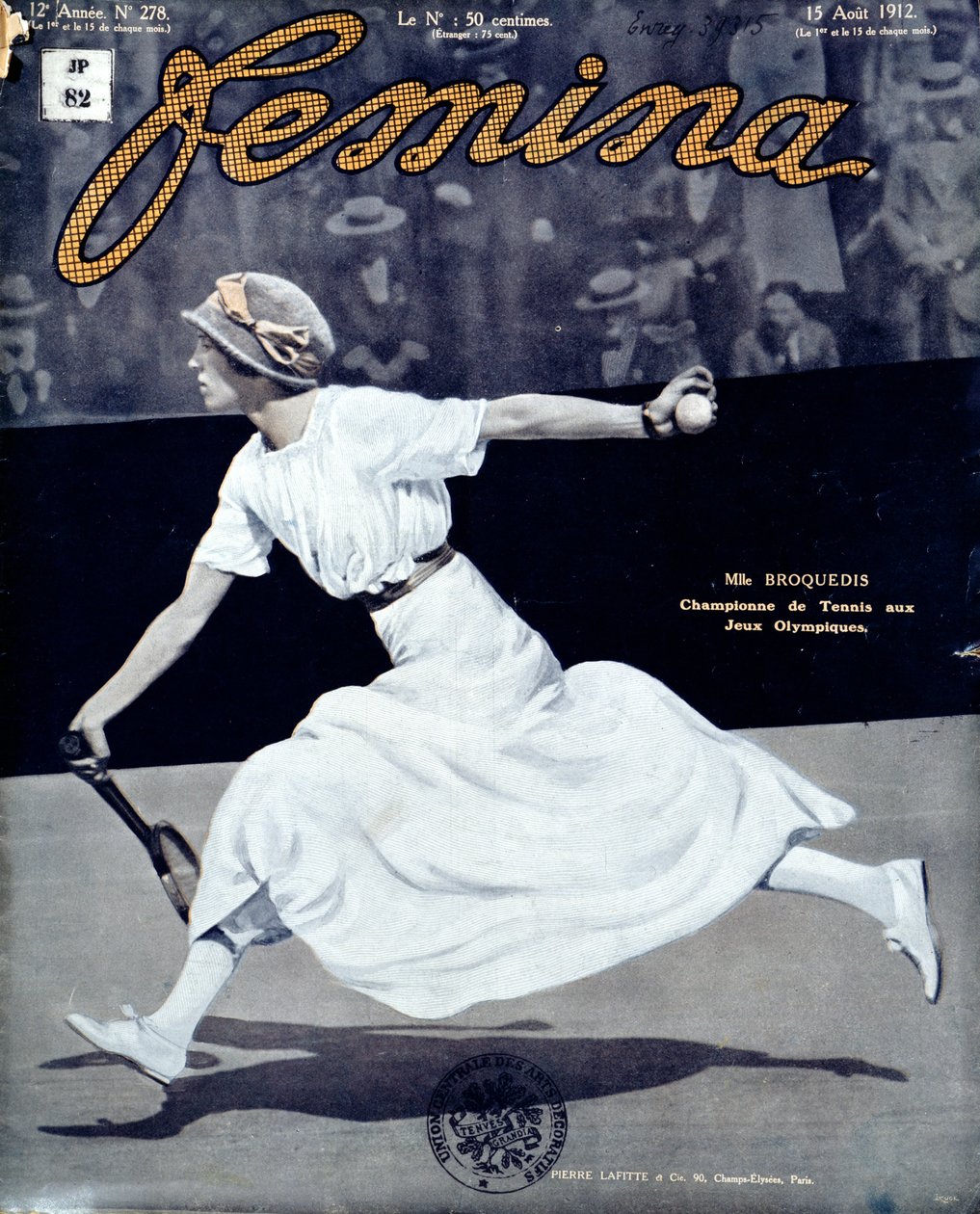 Miss Broquedis, campeã olímpica de tênis, capa da Femina, edição 278, 15 de agosto de 1912 (foto colorida) de French School