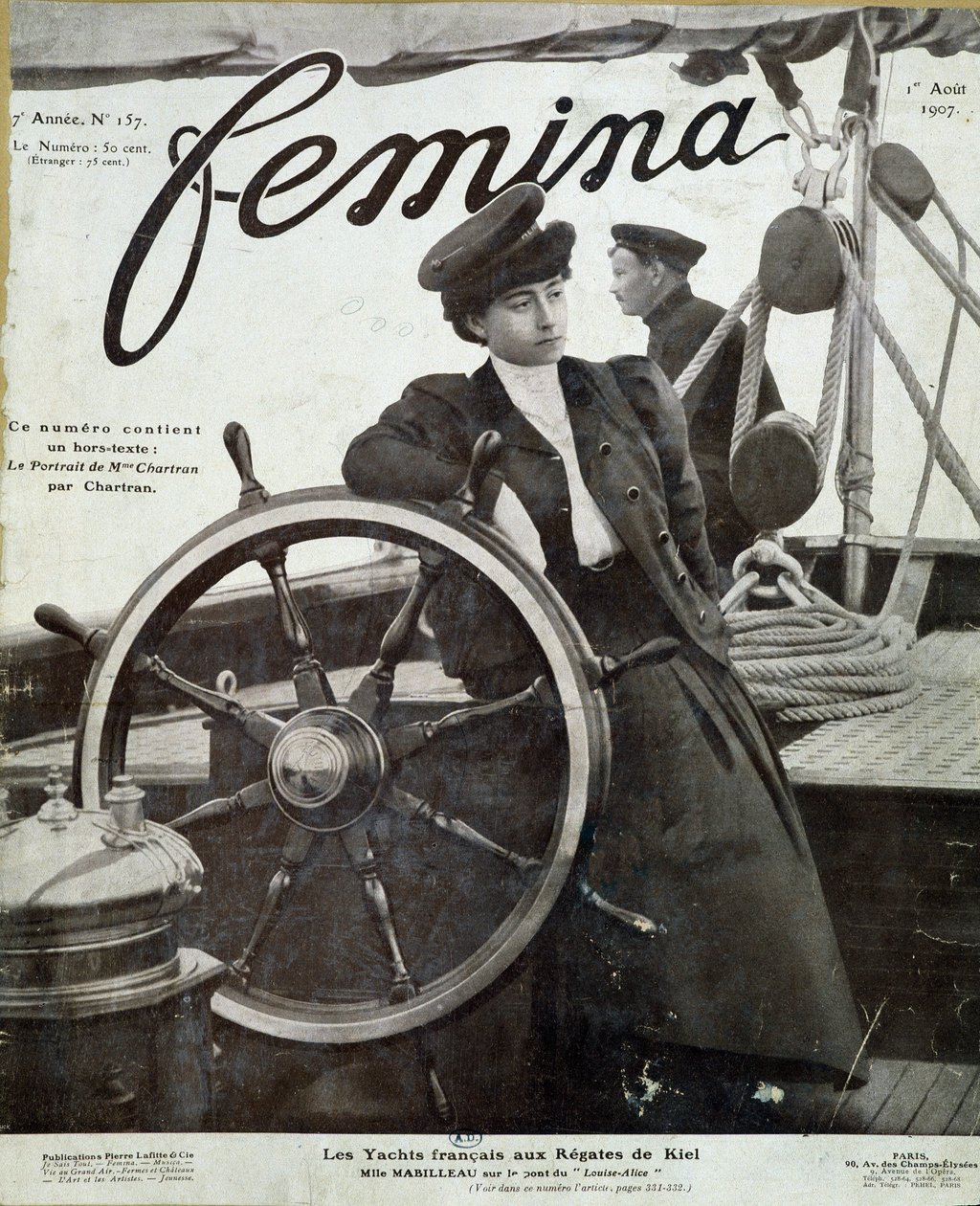 Miss Mabilleau na ponte do iate "Louise-Alice" na regata de Kiel - na "Femina" de 01/08/1907 de French School