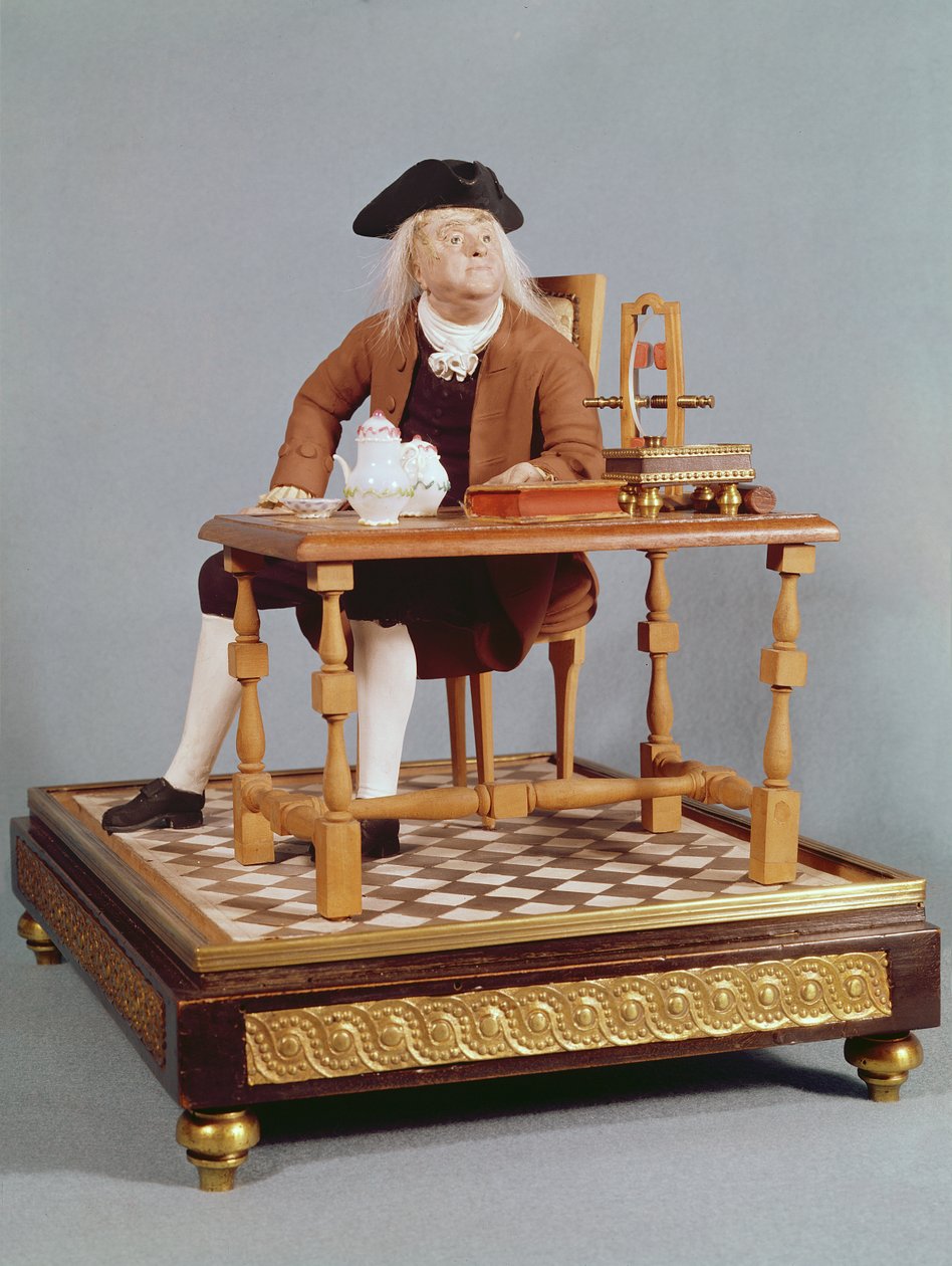 Modelo de Benjamin Franklin (1706-90) em sua mesa, final do século XVIII de French School