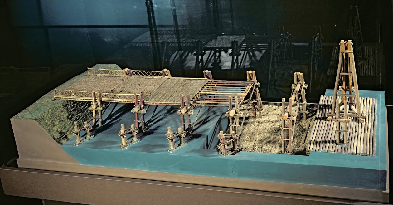 Modelo de uma ponte sobre o Reno construída por Júlio César (101-44 aC ...
