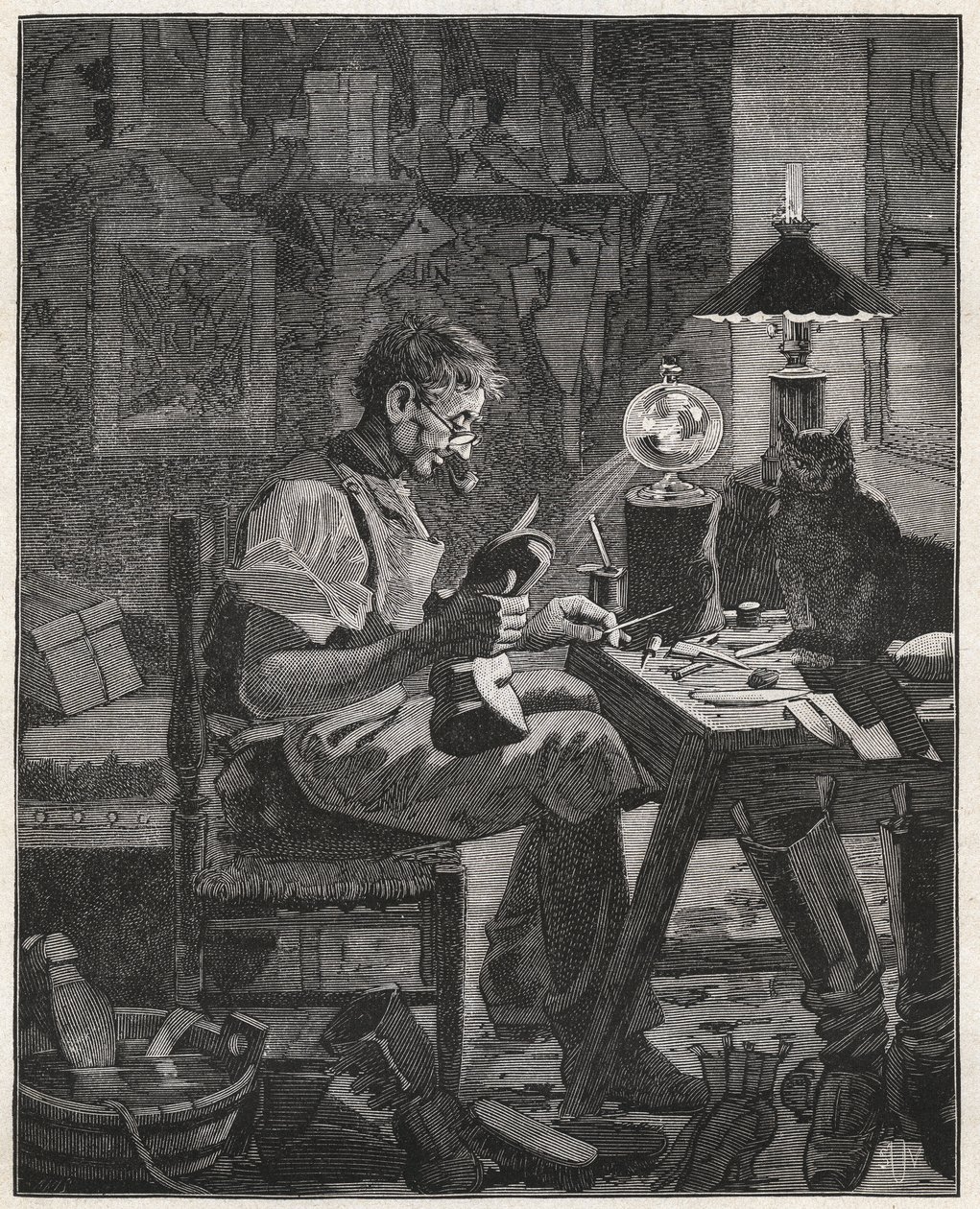 Aplicativo moderno por um sapateiro da Pila Vitrea. Globo de vidro cheio de água para ser colocado entre uma pessoa e o objeto que ela contempla, a fim de ampliá-lo e torná-lo mais visível. Gravura de 1885 em "Les arts et metiers illustres" de A de French School