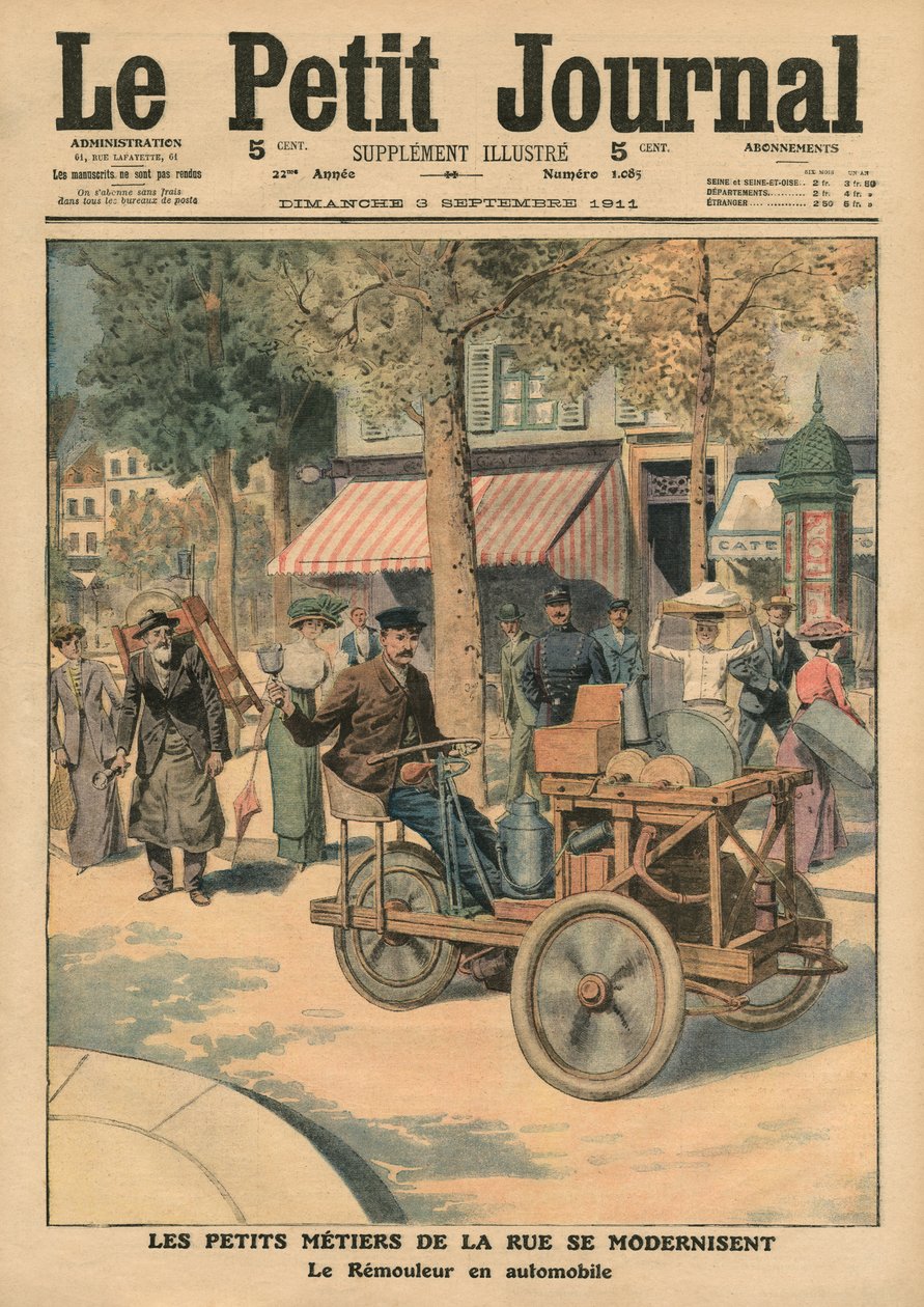 Modernização dos trabalhos de rua, o moedor de facas em seu carro, ilustração de &39;Le Petit Journal&39;, suplemento ilustre, 3 de setembro de 1911 (cor lito) de French School