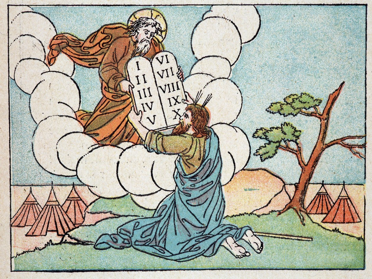 Moisés recebe as tábuas da lei - in "Sainte Histoire en 120 images", ed. Maison de la Bonne Presse, Paris de French School