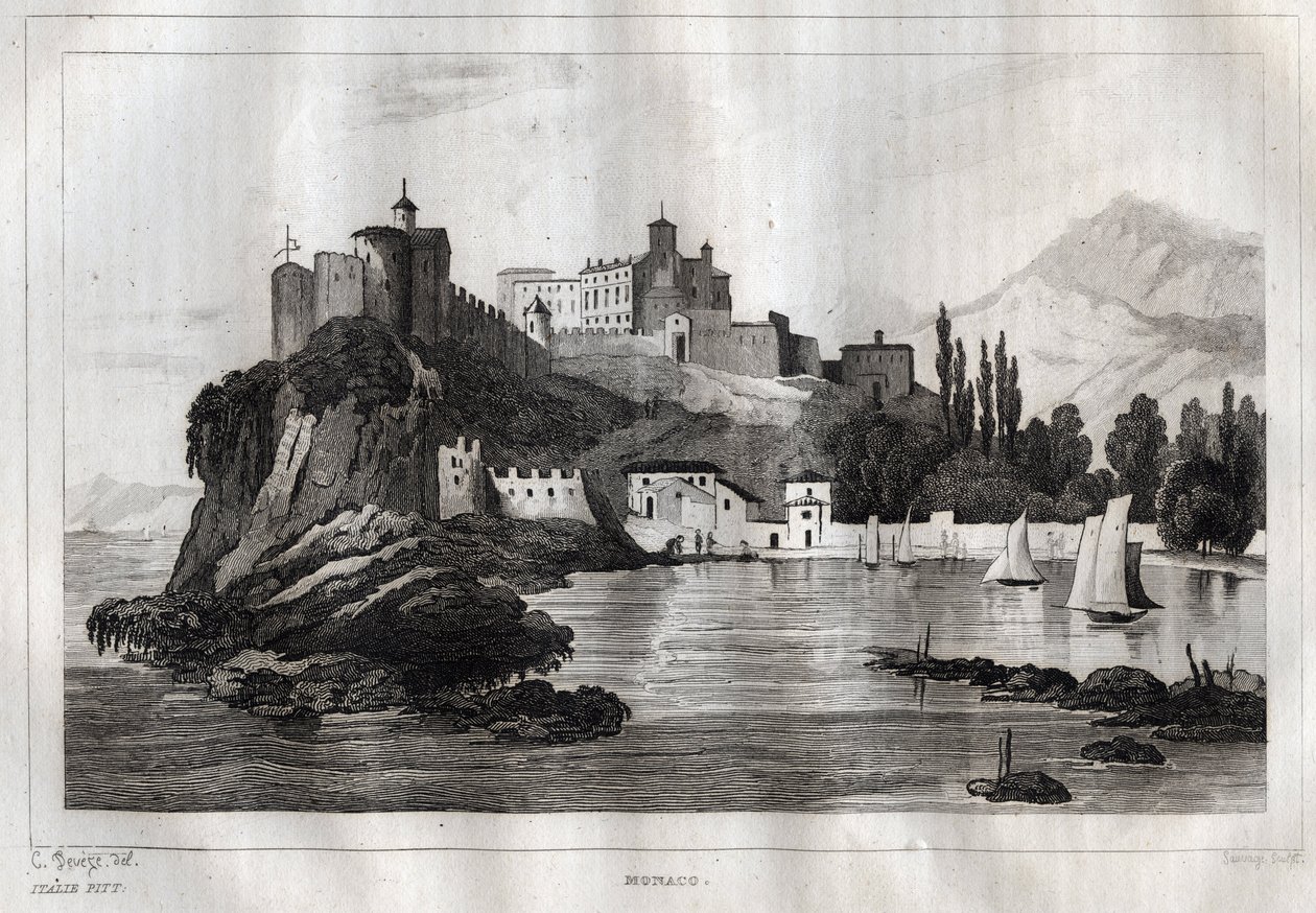 Mónaco - Gravura de "Itália Pitoresca" - Pintura histórica e descritiva da Itália" de M. de Norvins, Ch. Nodier 1834-1836. de French School