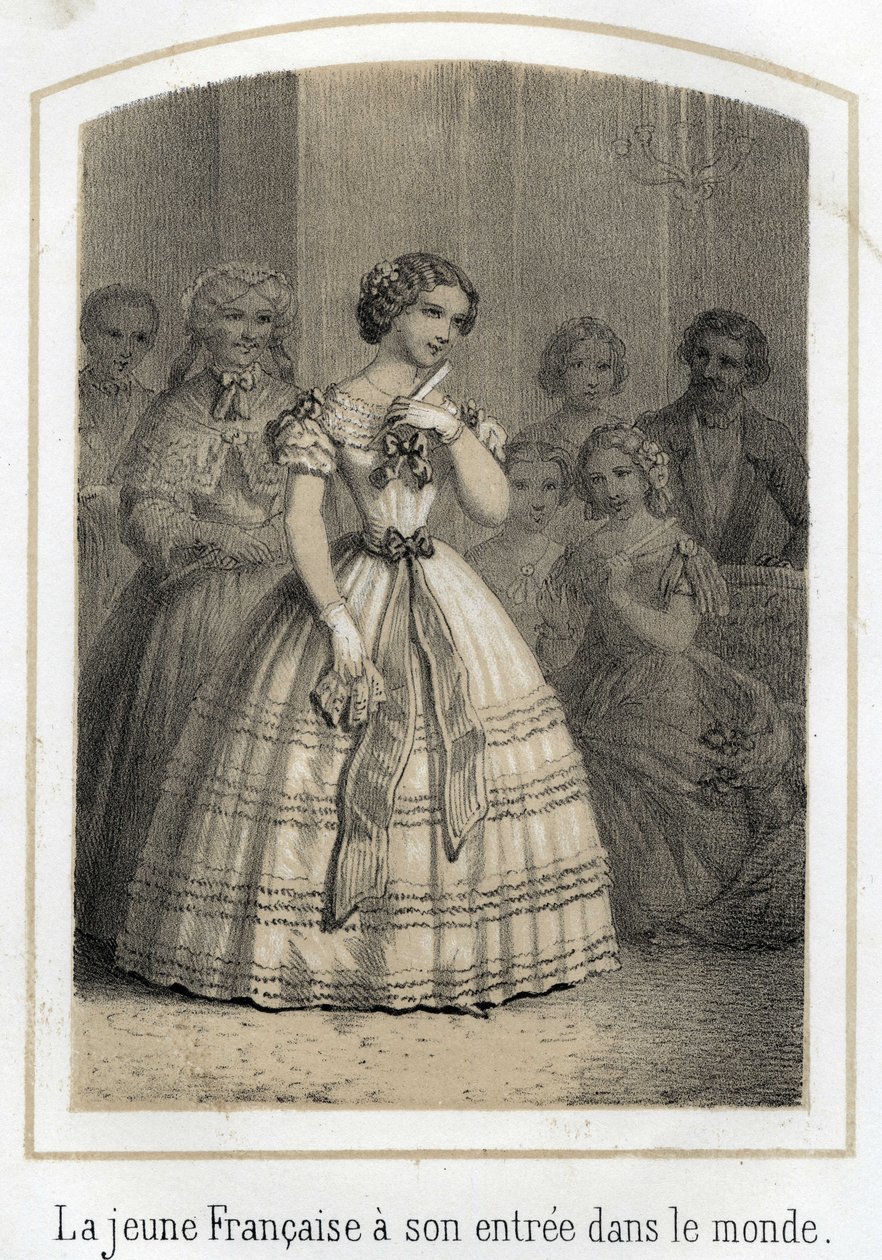 Mondanite: a jovem francesa faz a sua entrada no mundo. Ela é admirada por todos. Gravura anónima do século XIX. de French School