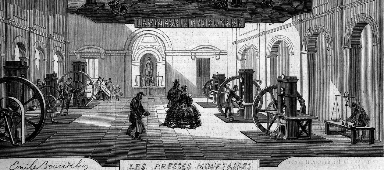 Ganhar dinheiro: comprar prensas de dinheiro. Gravura em "Le Monde Illustré" n°145 de 21 de Janeiro de 1860. de French School