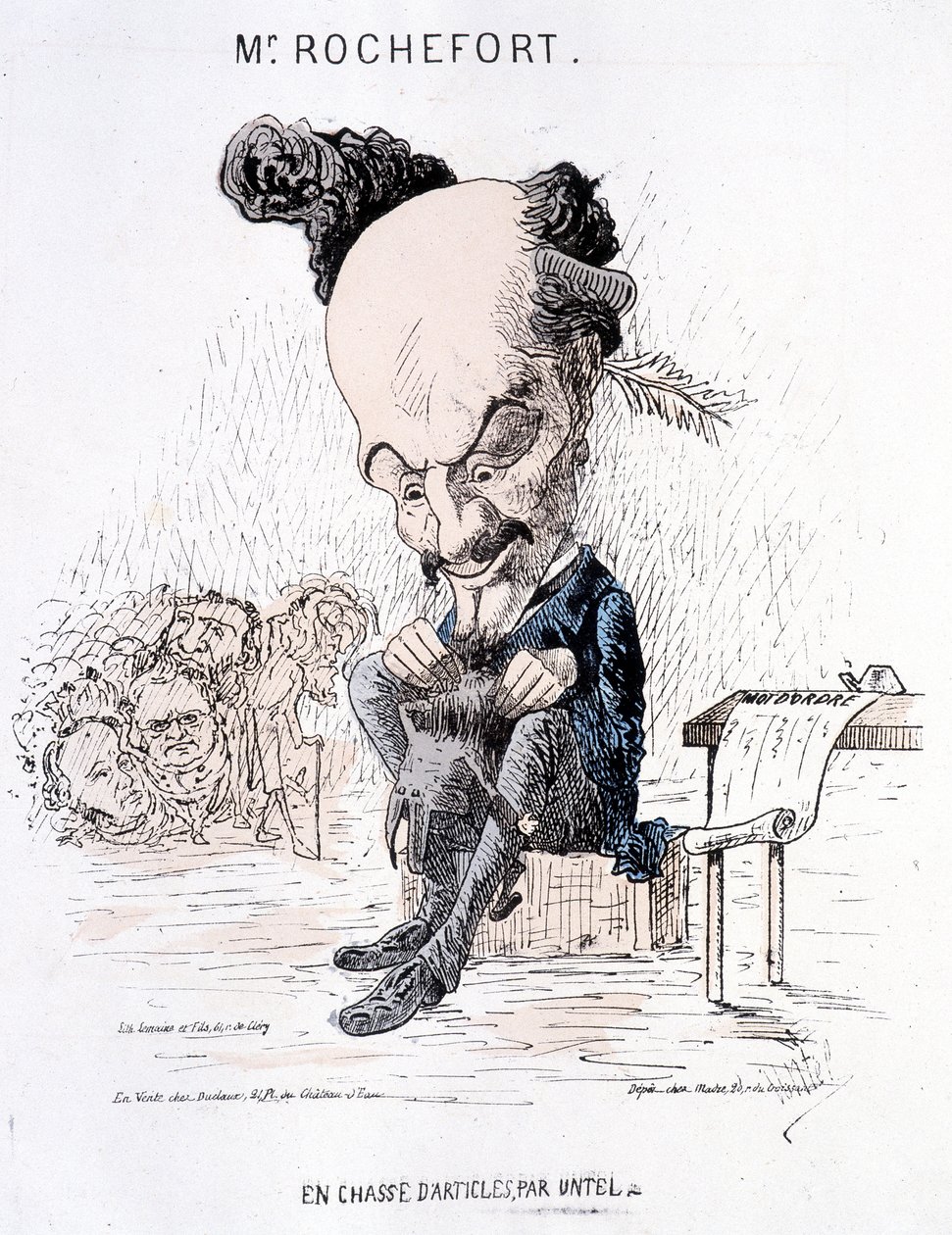 Monsieur Rochefort em busca de artigos da Untel. Caricatura sobre Rochefort e a Comuna. de French School
