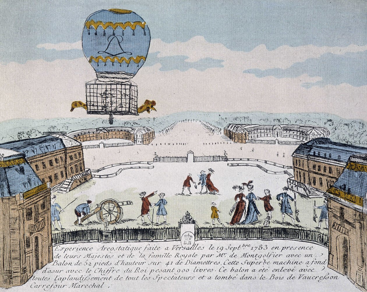 Primeiro voo do aerostato Montgolfier, organizado em Versalhes, 19 de Setembro de French School