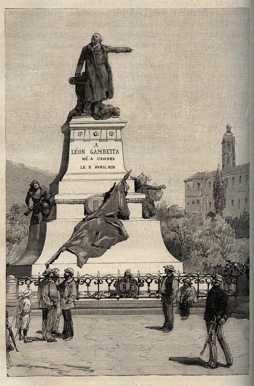 Monumento a Leon Gambetta (1838-1882) por Alexandre FALGUIERE (1831-1900) - Cahors - gravura em "PATRIE" - DESCRIÇÃO PECTUREQUIREE DE LA FRANCE EN 6 VOLUES BY LUCIEN HUARD - final do século XIX de French School