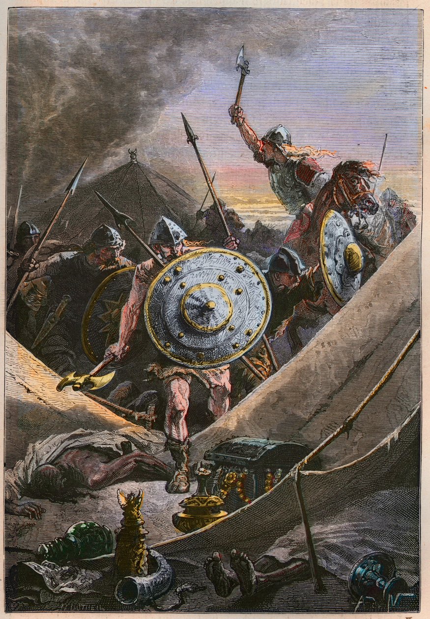 Invasões mouriscas na Idade Média: Os Francos liderados por Charles Martel atacam o acampamento militar dos sarracenos durante a Batalha de Tours (Batalha de Poitiers), impedindo a invasão muçulmana no ano 732 - Francos liderados por Charles Martel atacam  de French School