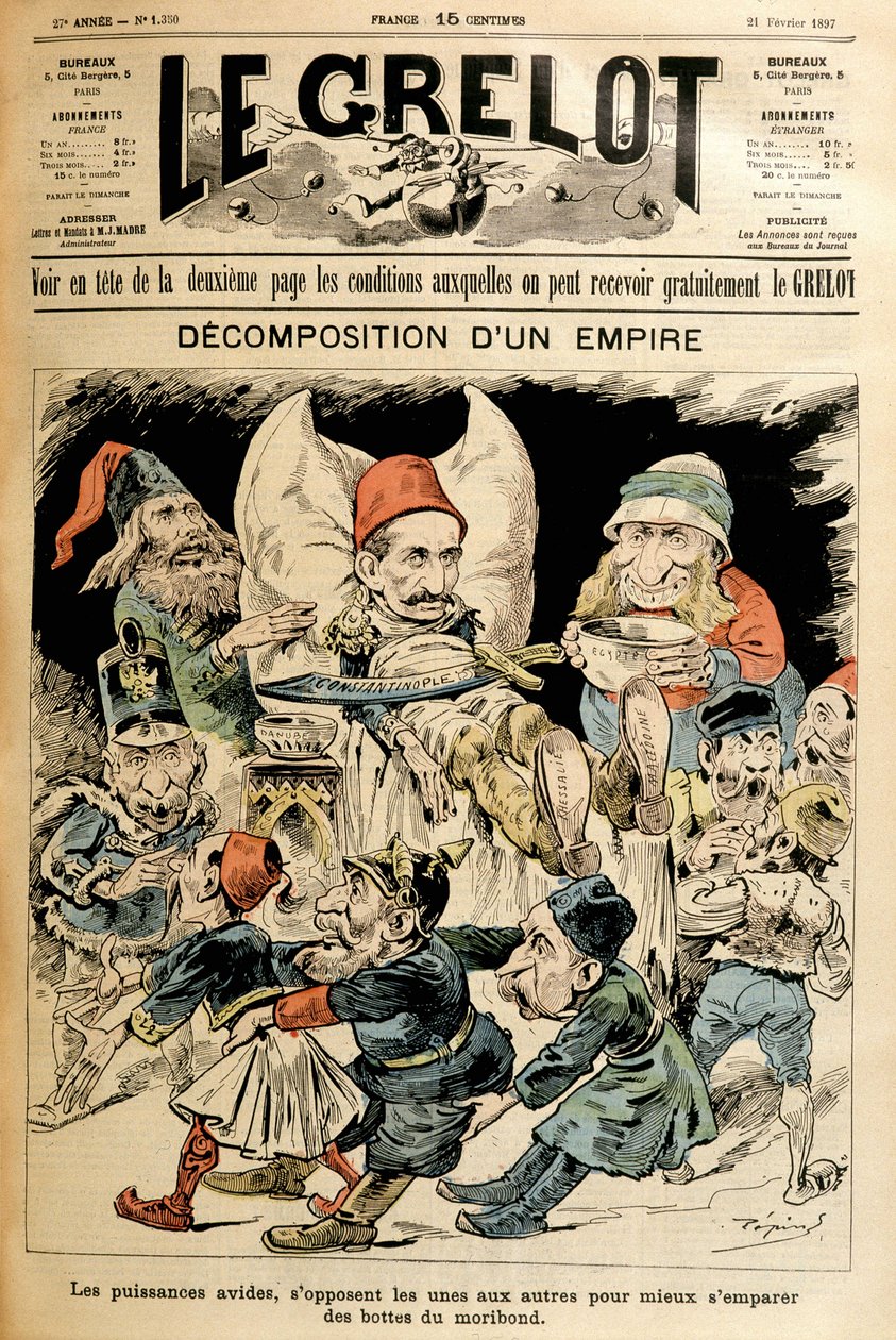 Moribund Turquia e potências estrangeiras lutando por suas botas, capa "Le Grelot" 21/2/1897. de French School