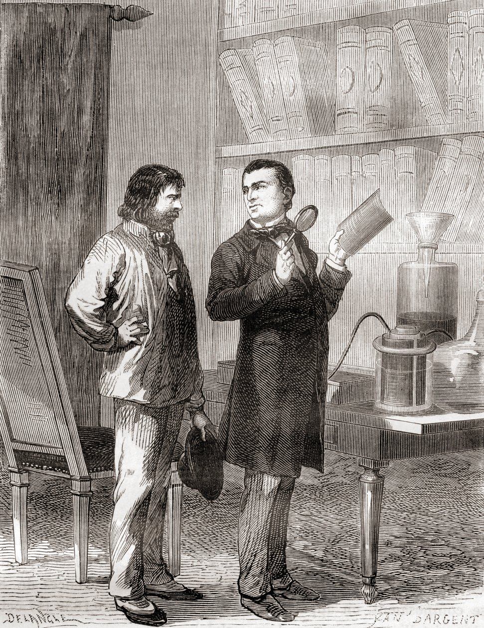 Moritz von Jacobi, à direita, descobrindo galvanoplásticos, ou eletrotipagem em 1838, de Les Merveilles de la Science, publicado c.1870 (gravura) de French School