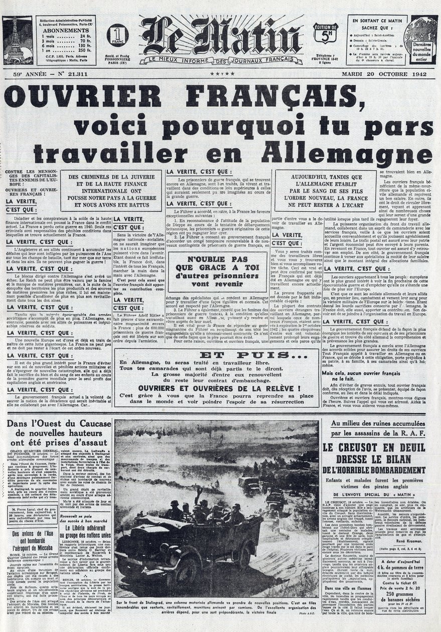 Diário da Manhã nº 21311 de 20 de Outubro de 1942: O Sto - Serviço de Trabalho Obrigatório - Por que ir trabalhar na Alemanha - de French School
