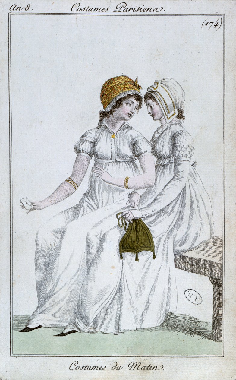 Vestido de manhã, moda placa de trajes parisienses, 1800 de French School