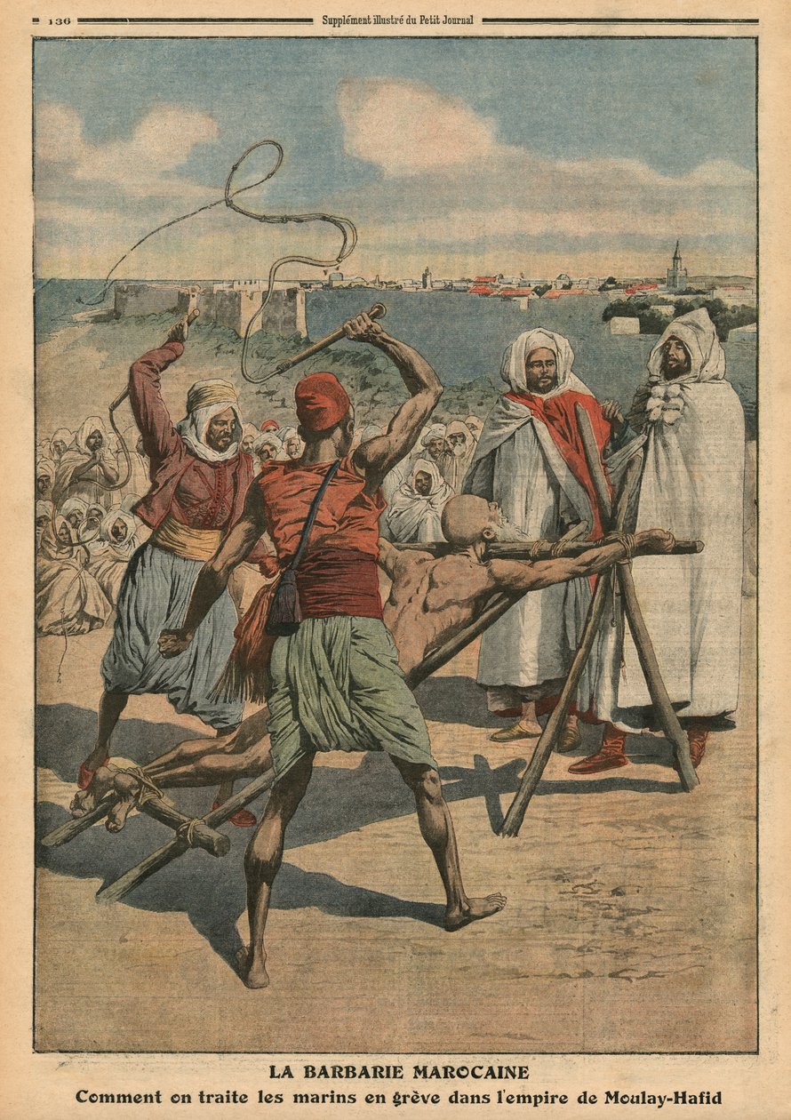 Barbaridade marroquina, como os marinheiros em greve são tratados, ilustração de &39;Le Petit Journal&39;, suplemento ilustre, 24 de abril de 1910 de French School
