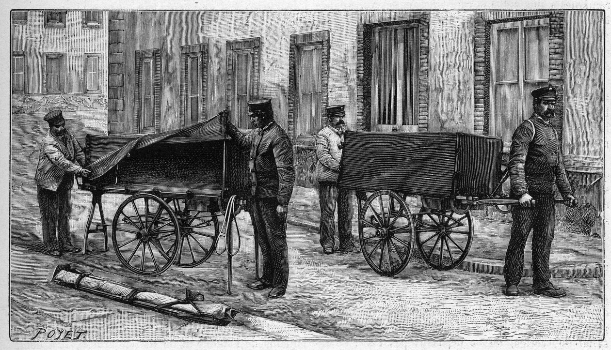Depósitos mortuários em Paris: carros de braços usados para transportar carrocerias para o depósito. Gravação em "La Nature". Revue des sciences et de ses applications aux arts et a l