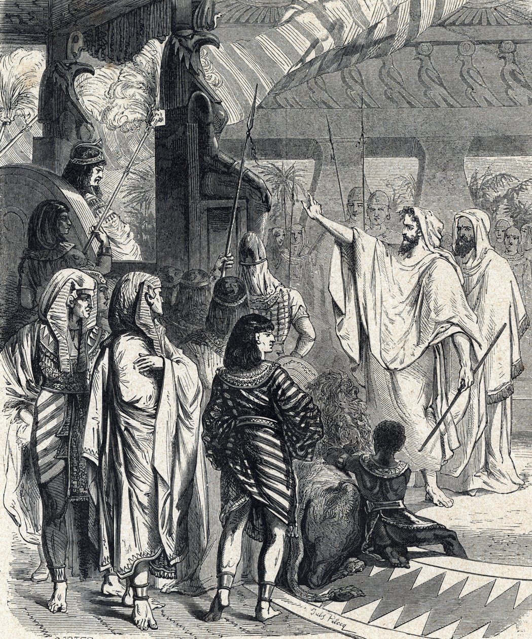 Moisés e Arão visitando o faraó (Moisés e Arão visitando o faraó) Gravura da "História Santa" de Lahure século XIX de French School