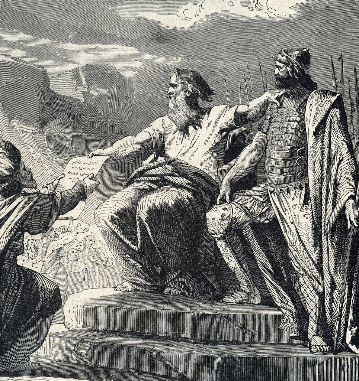 Moisés ordenando ao povo de Israel que reconhecesse a autoridade de Josué (Moisés escolhendo joshua como seu sucessor) Gravura da "História Santa" da Colecção Privada do século XIX de Lahure de French School
