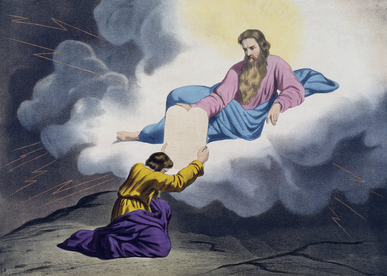 Moisés recebendo as Tábuas da Lei, ilustração de um catecismo LHistoire Sainte, publicado por Charles Delagrave, Paris, final do século XIX de French School