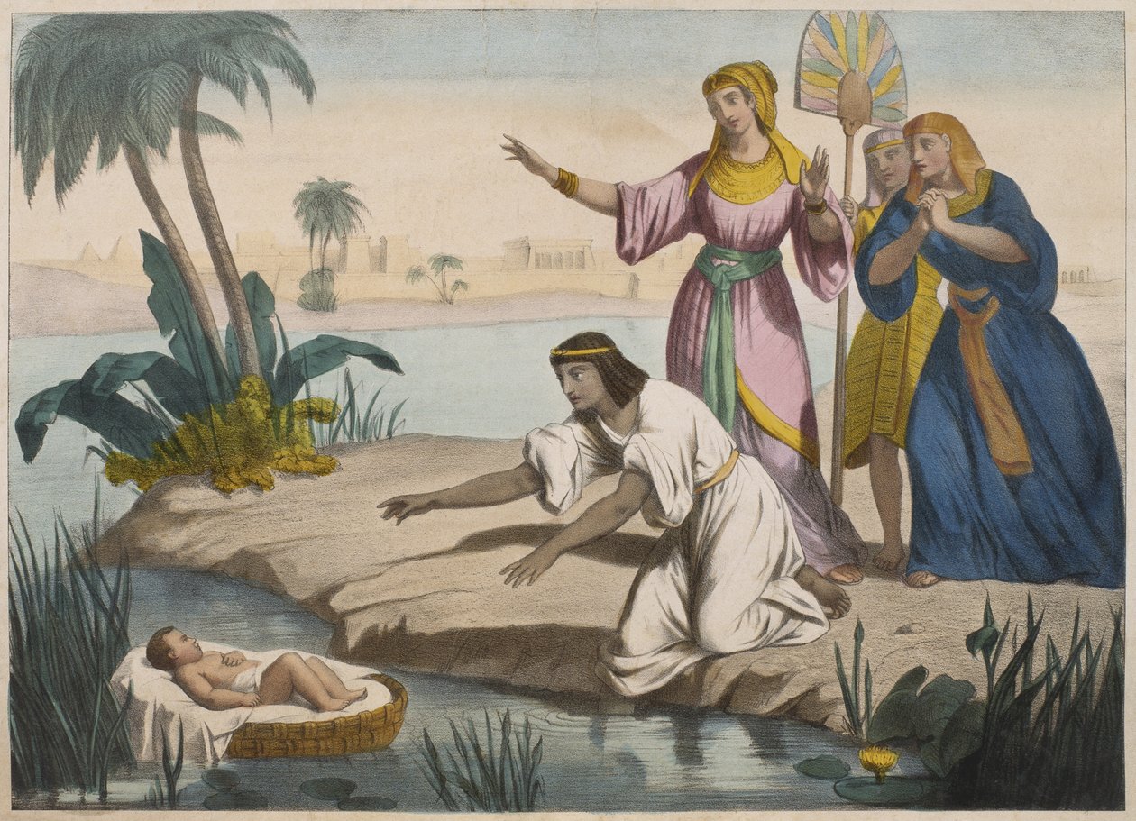 Moisés resgatado do Nilo, ilustração de um catecismo LHistoire Sainte, publicado por Charles Delagrave, Paris de French School
