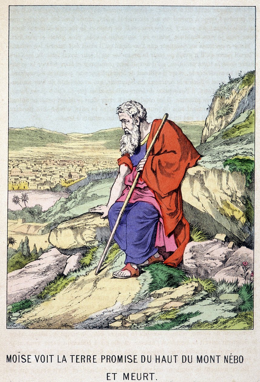 Moisés vê a terra prometida do topo do Monte Nebo e morre - em "Vida de Moisés", ed. Olivier Pinot, Epinal, final do século XIX de French School