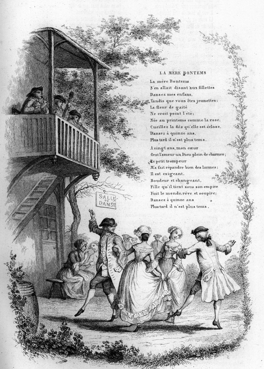Mãe Bontems (Bontemps). Dança de jovens casais em uma vila com músicos na varanda. Gravação em "Chants et chansons populaire de la France", Tomo 2 de French School