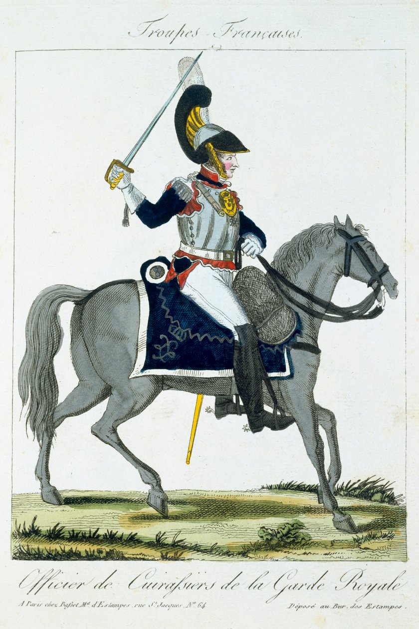 Oficial Montado dos Cuirassiers da Guarda Real, de Troupes Francaises, pub. Chez Basset, Paris, c.1790 de French School