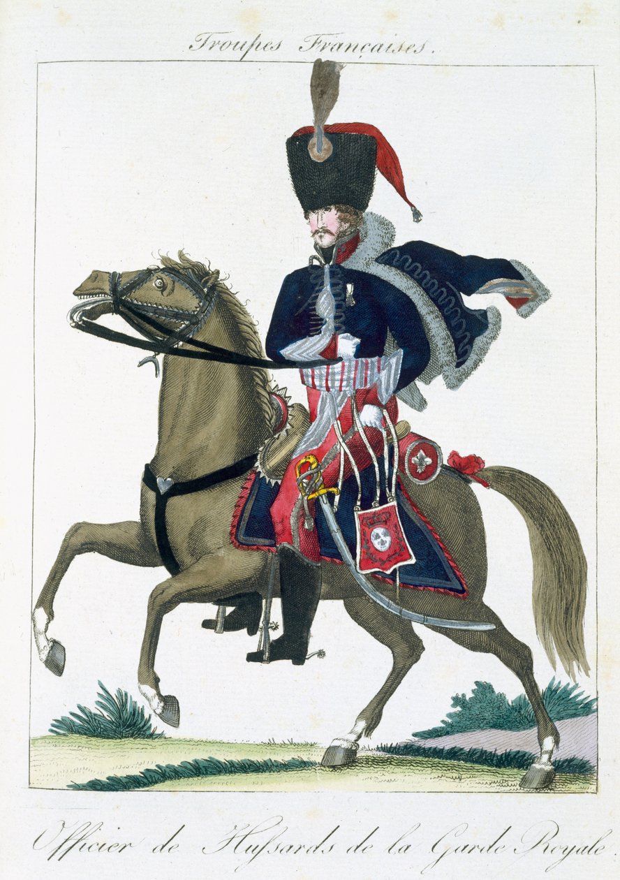 Oficial montado dos hussardos da guarda real, de Troupes Francaises, bar. Chez Basset, Paris, c.1790 de French School