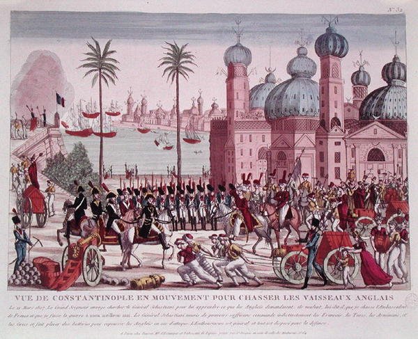 Movimento de tropas para forçar os navios ingleses de Constantinopla, 21 de março de 1807 (gravura colorida) de French School