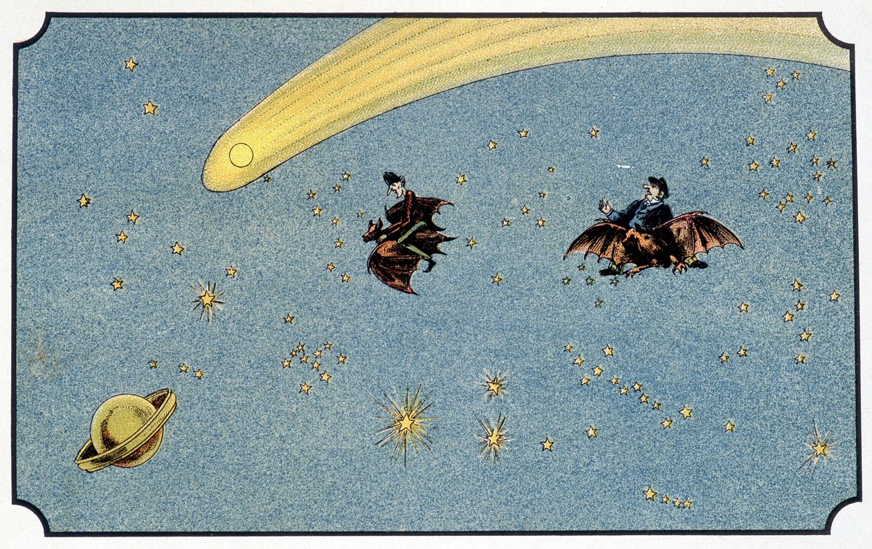 Sr. Baboulifiche e seu servo Papavoine montando um morcego no espaço - em "Voyage dans la lune" de A. de Ville-d