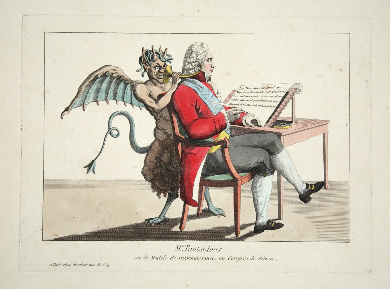 Sr. Tout-a-tous ou o Modelo de Reconhecimento, no Congresso de Viena, pub. 1815 (gravação a cores) de French School