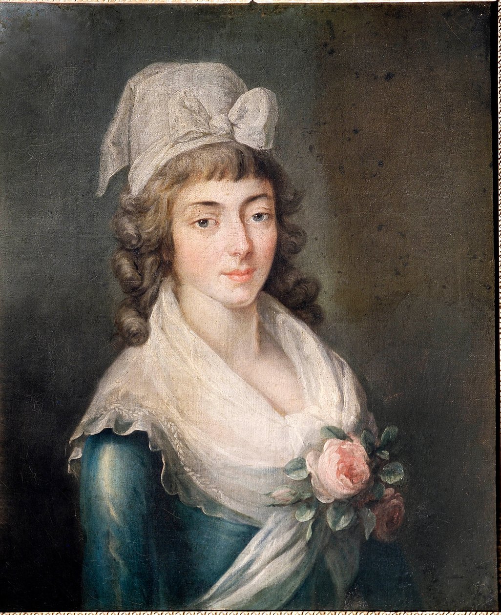 Sra. Roland: Retrato de Madame Roland (1754 - 1793), figura da Revolução Francesa, vestindo o boné Girondin da escola francesa. de French School