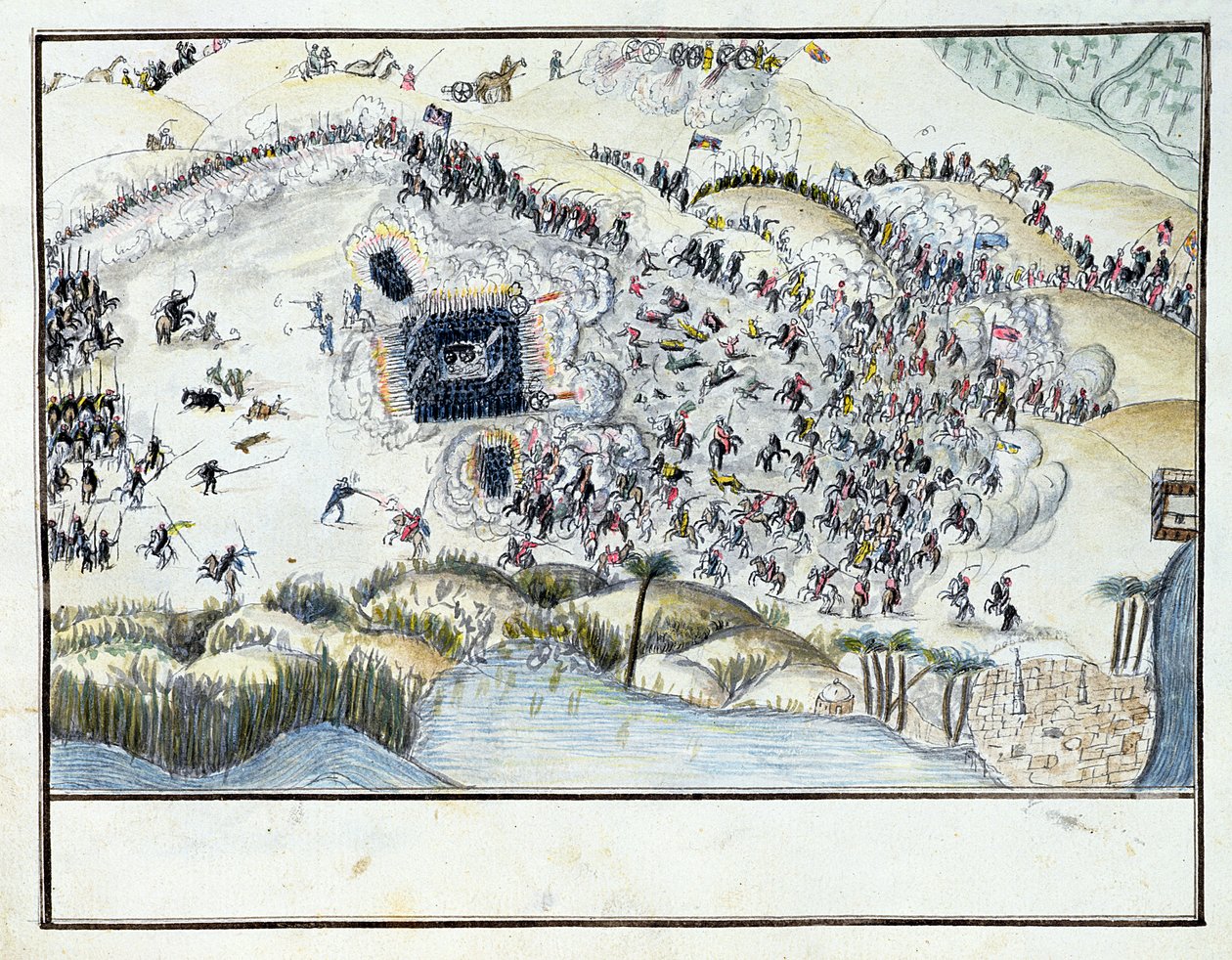 Ms.1688, Desert Battle durante a campanha egípcia de Bonapartes, 1798 (wc no papel) de French School