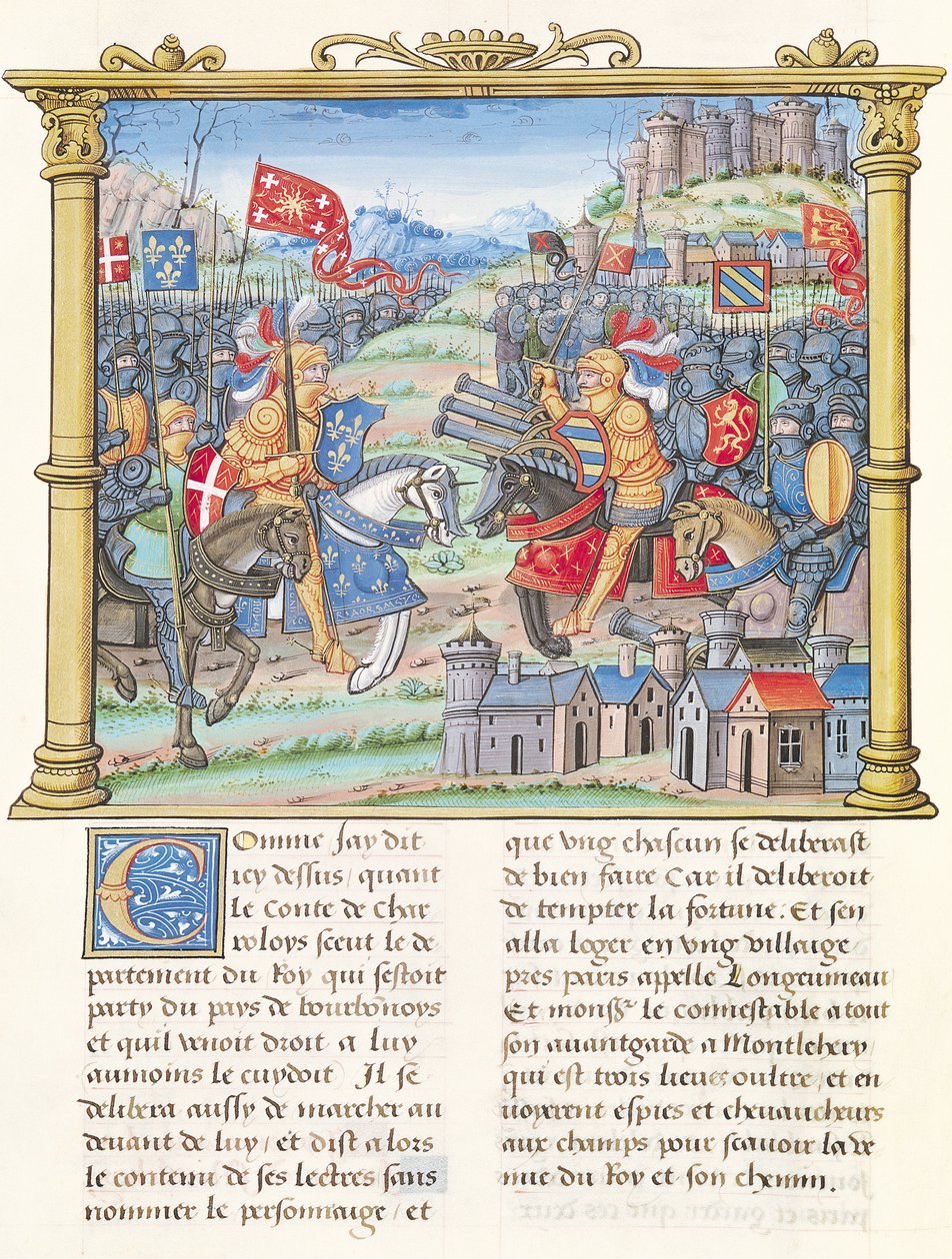 Ms.18 f.7v Batalha de Montlhery durante a Guerra da Liga do Bom Público, 14 de julho de 1465, a partir das Memórias de Philippe of Commines (1445-1509) de French School