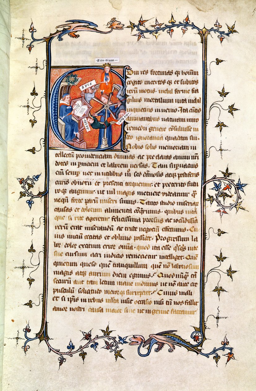 Ms.239 fol.1 Page com um Initial historiated retratando um homem sentado diante da Roda da Fortuna, de &39;De Remediis Utriusque Fortunae&39; por Petrarca (1304-74) de French School