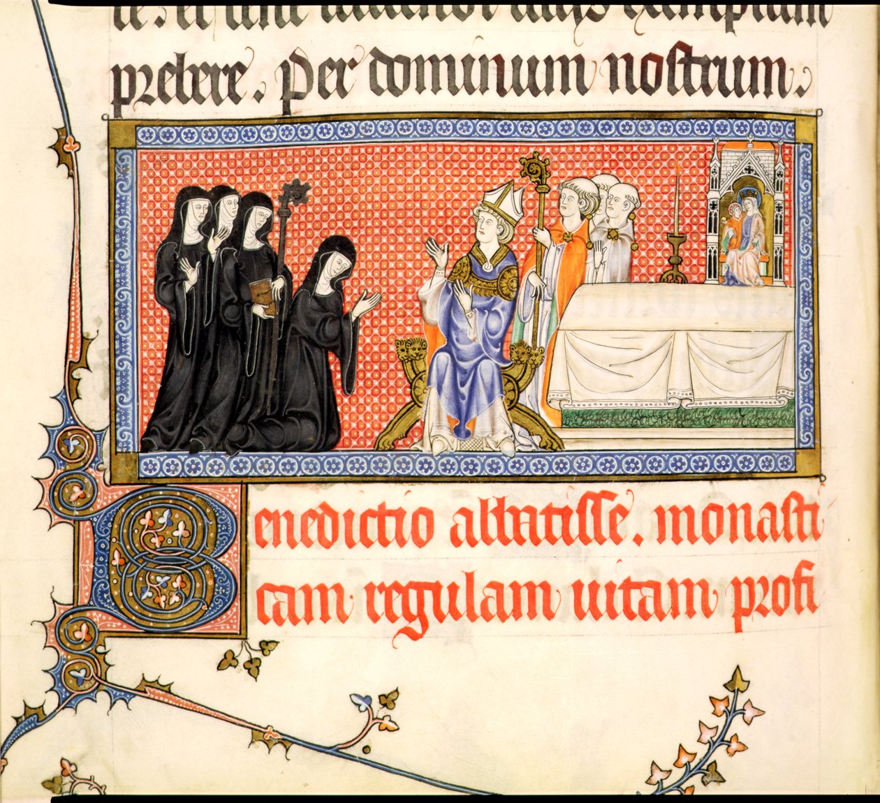 Ms.298 f82v A apresentação de uma abadessa, do Metz Pontifical, escrito por Raymond Bar, bispo de Metz, 1302-16 de French School