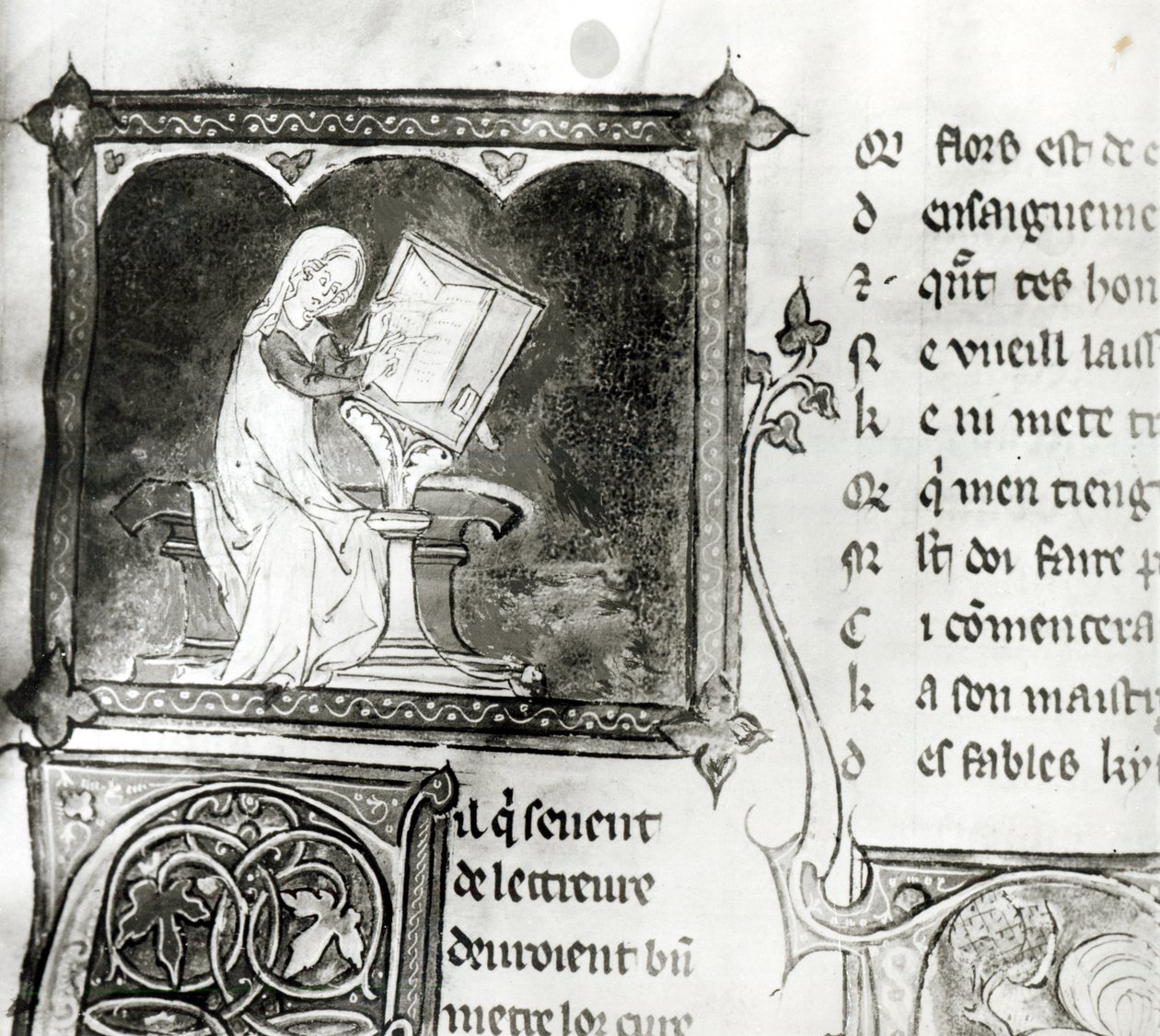 Ms.3142 fol.256 Marie de France (fl.12º século) escrevendo, de uma antologia de poemas franceses, c.1280-90 (detalhe) de French School